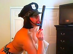 Busty police woman stripteasing and showing her big fleshy melons