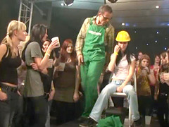 Brunette getting her partially shaved twat screwed by a male stripper