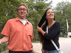 Brunette Sandra gets her pussy fingered outdoors by a horny old man