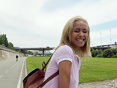 Blonde Veronica Leal gets talked into pleasing a cock outdoors