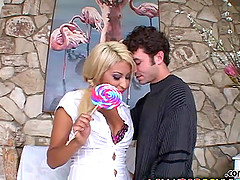 Chubby Latina blonde teen Angel Valentine bent over and fucked hard