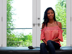 Beautiful sporty ebony babe Nia fucks while waiting at the office