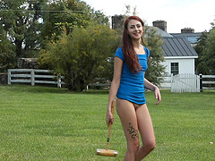 Solo brunette teen model Courtney strips and plays with toys