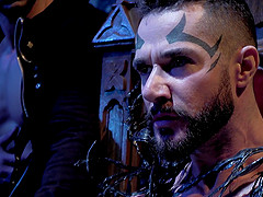 Role play gay threesome with kinky dudes in a dungeon