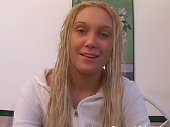 Watching my blonde girlfriend finger her shaved pussy
