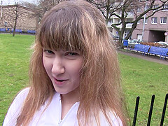 Shy blonde babe Adriane picked up on the street to suck cock