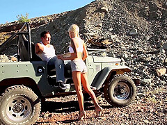 Blonde hottie in shorts Emma Mae sucks dick outdoors