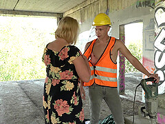 Blonde mature BBW Oksana pounded missionary at a construction site