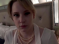Blonde housewife in a dress gets her shaved pussy pounded missionary