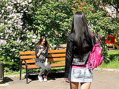 Lesbian teens in miniskirts Veronica Snezna and Lucy play with toys