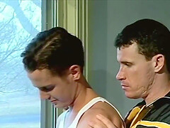 Kinky gay couple in a hardcore bondage session fuck at home