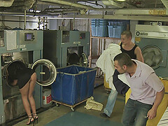 sexy brunette Melanie Memphis enjoys hard threesome at the laundry