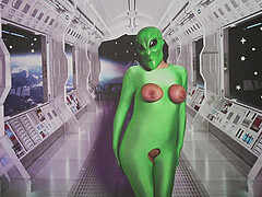 Masked and costumed alien babe with big tits toys her pussy with dildo