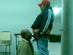 Fat guy loader lets suck his cock at work