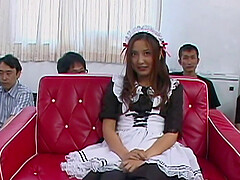 Before getting fucked  Asian maid sucked fat dude's shaft on the floor