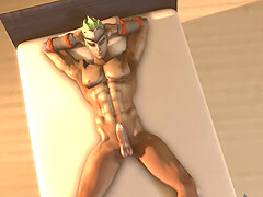 Hot muscular warrrior jerking off his dick while Soldier from Overwatch does it the same