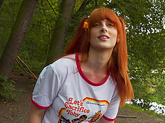 Redhead teen with pigtails loves to have two dicks inside her
