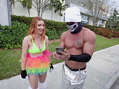 Masked guy with a large dick fucks kinky Opal Essex in the van