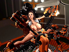 Hot beautiful brunette in restraints gets fucked by a big monster fucking machine
