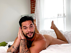 Solo dude with a giant dick and balls plays with a large dildo