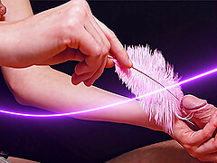Girl tickled boyfriend with a fluffy feather