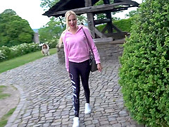 German outdoor cum facial walk with skinny blonde