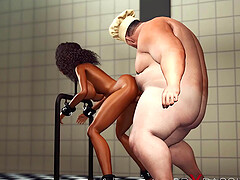 Hot sexy black girl in restraints gets fucked by fat crazy chef