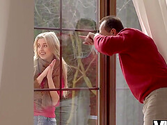 Belle with blonde hair takes old guys manhood deep into twat