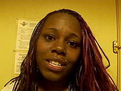 Ebony amateur Ms. Cakes drops on her knees to blow a white dick