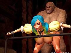 Big monster bangs a cuffed fantasy girl elf in the dungeon