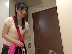 Dude slides his dick thru his doors for naughty Saitou Miyu to blow