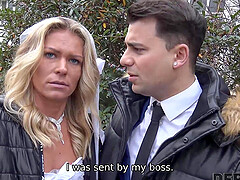 DEBT4k. Debt collector fucks the bride in white dress and stockings